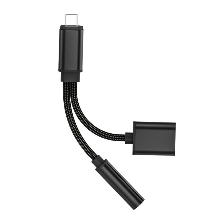 Nailon punottu 2 in 1 -tyyppinen C-tyypin USB-kaapeli 3,5 mm: n audiosovittimeen